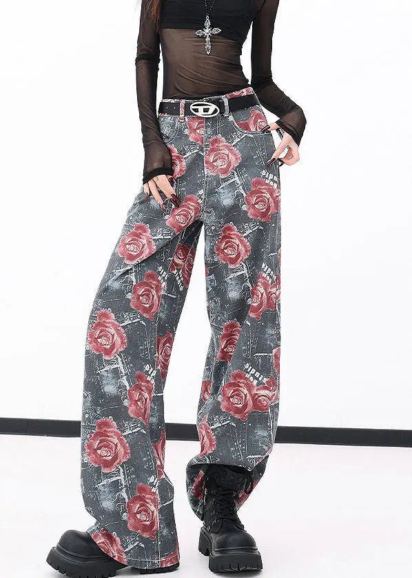 Red Pockets Print Denim Wide Leg Pants Fall