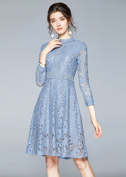 Handmade Blue Stand Collar Lace Cinch Dresses Bracelet Sleeve
