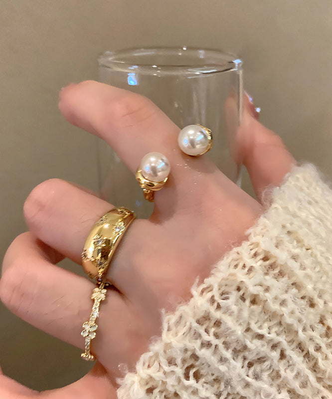 Gold Alloy Zircon Pearl Star Rings Three Piece Set