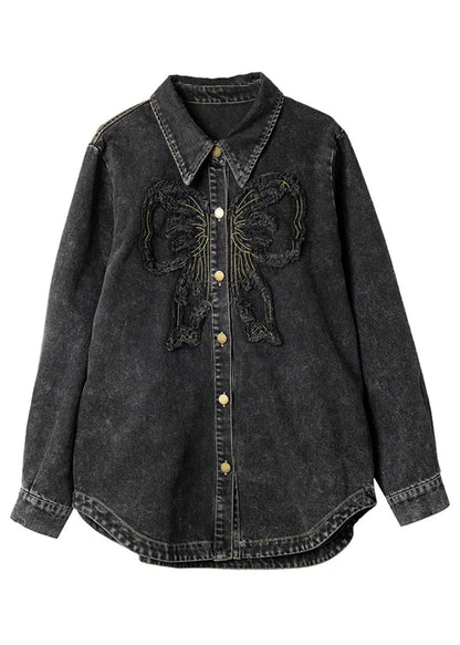 Black Peter Pan Collar Patchwork Button Denim Coats Spring