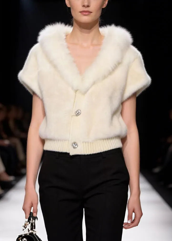 Italian White V-neck Warm Faux Fur Coat Short Sleeve