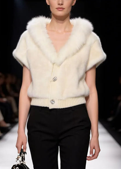 Italian White V-neck Warm Faux Fur Coat Short Sleeve