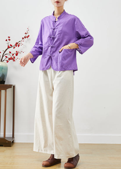 Purple Mandarin Collar Oriental Cotton Two Pieces Set Fall