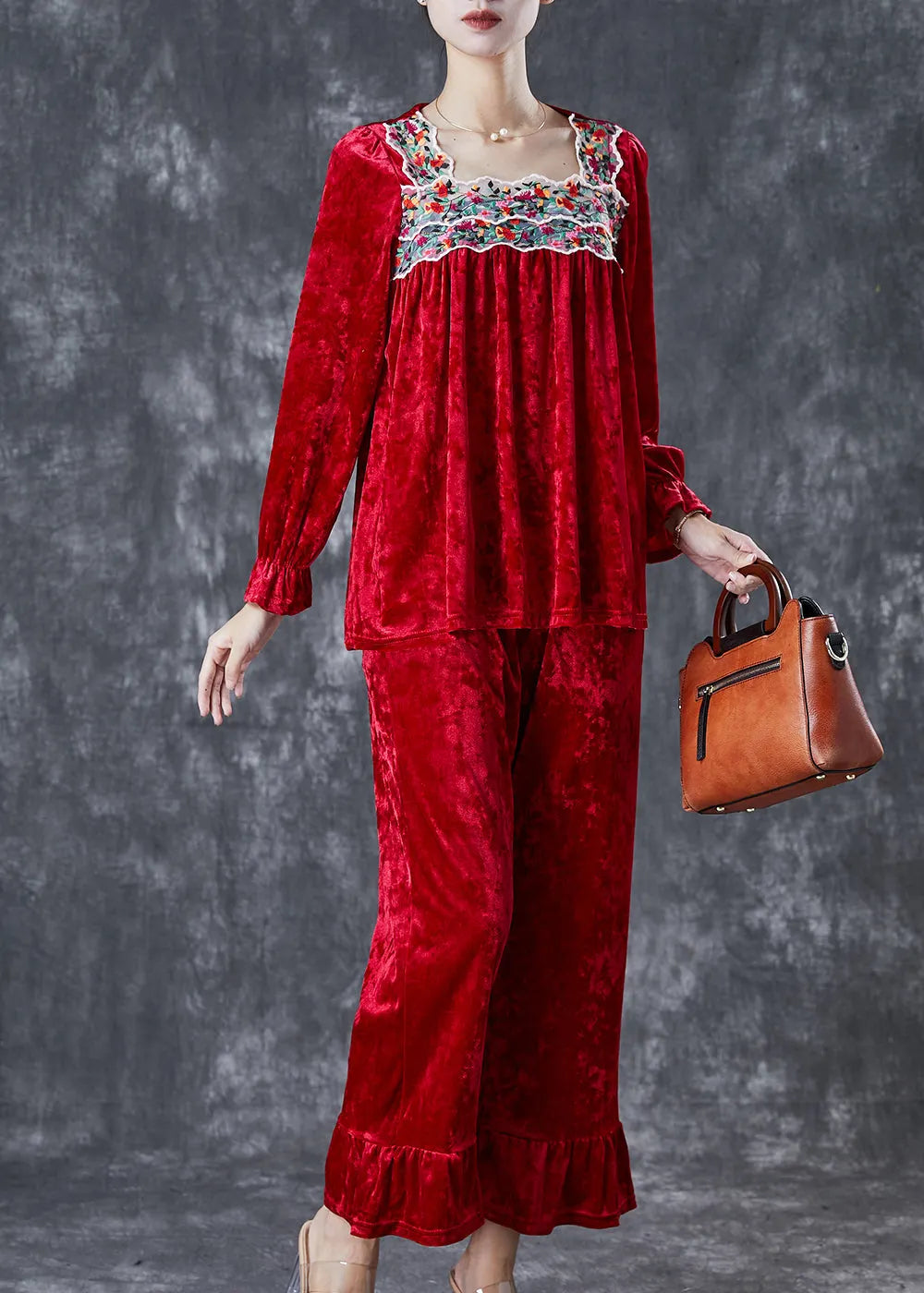 Red Embroideried Patchwork Silk Velour Two Piece Set Fall