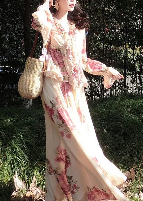 Apricot Ruffled Print Chiffon Two Pieces Set Spring
