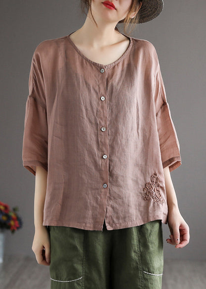 Classy Coffee O-neck Embroideried Button Linen Shirt Half Sleeve