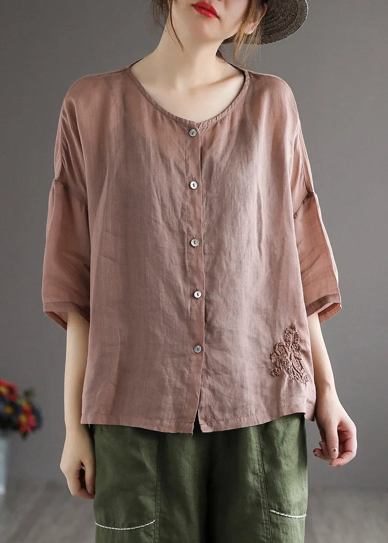 Loose Coffee O-neck Embroideried Button Linen Shirt Half Sleeve