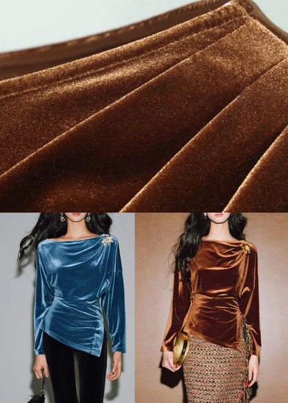 Peacock Blue O-neck Asymmetrical Silk Velour Tops Long Sleeve