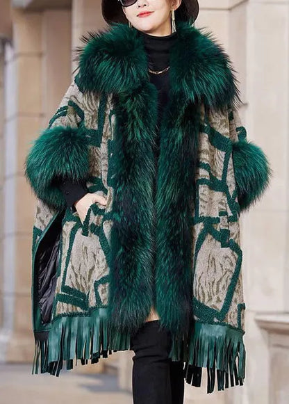 Green Fox Collar Pockets Leather and Fur Coat Long Sleeve