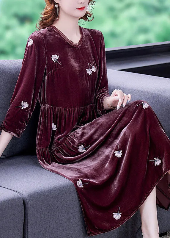 Stylish Bean Paste Red V Neck Embroideried Velour Dresses Spring