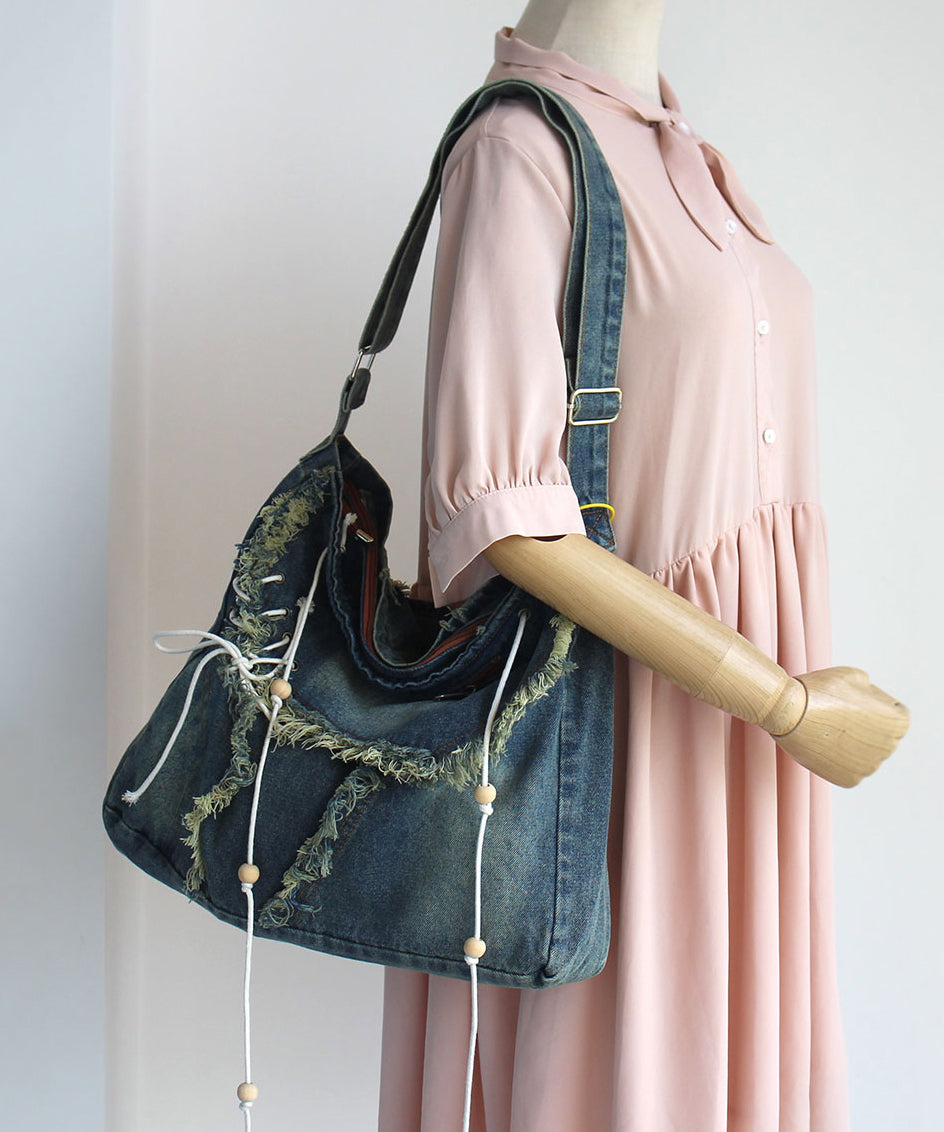 Blue Tassel Patchwork Denim Messenger Bag
