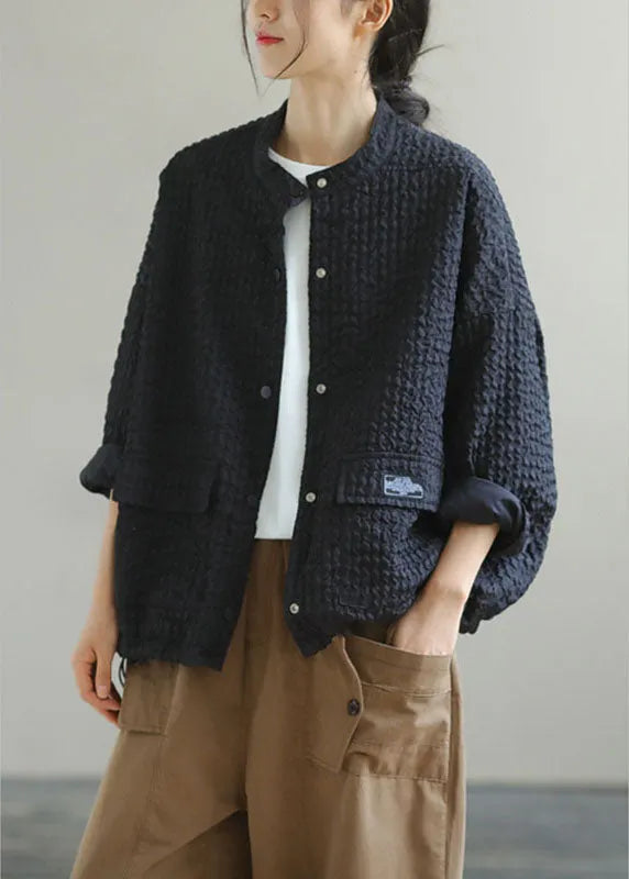 Boutique Black Stand Collar Pockets Button Drawstring Fall Coats Long Sleeve