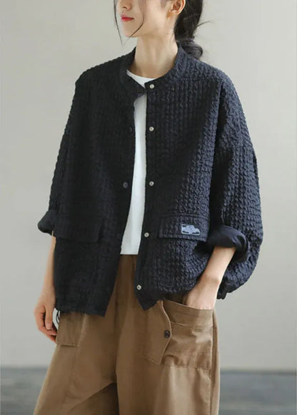 Boutique Black Stand Collar Pockets Button Drawstring Fall Coats Long Sleeve