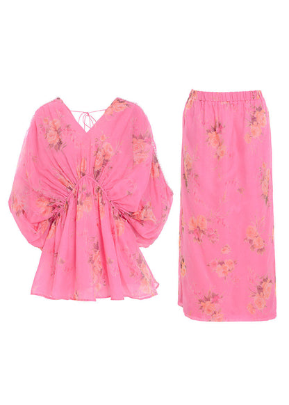Art Rose V Neck Print Silk Top and Skirts Two Pieces Set Summer