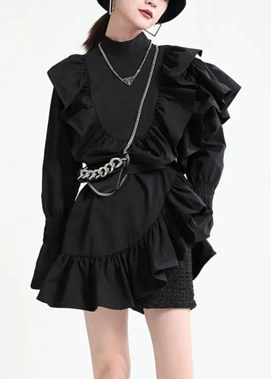 Diy Black Stand Collar Asymmetrical Ruffled Dresses Spring