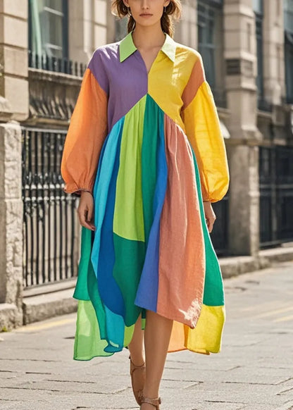 Colorblock Asymmetrical Patchwork Cotton Maxi Dresses Fall