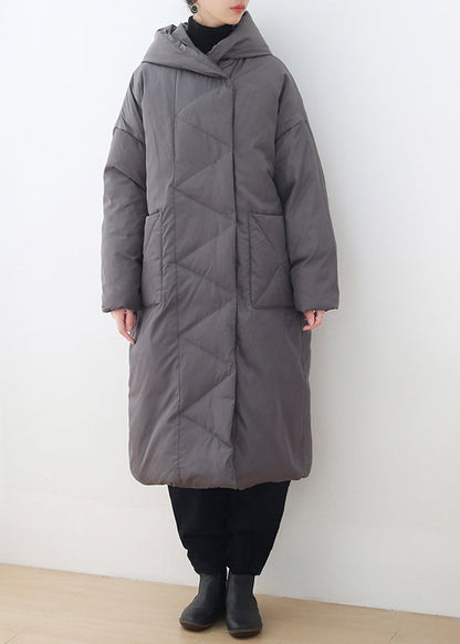 Grey Button Pockets Hooded Down Coat Long Sleeve