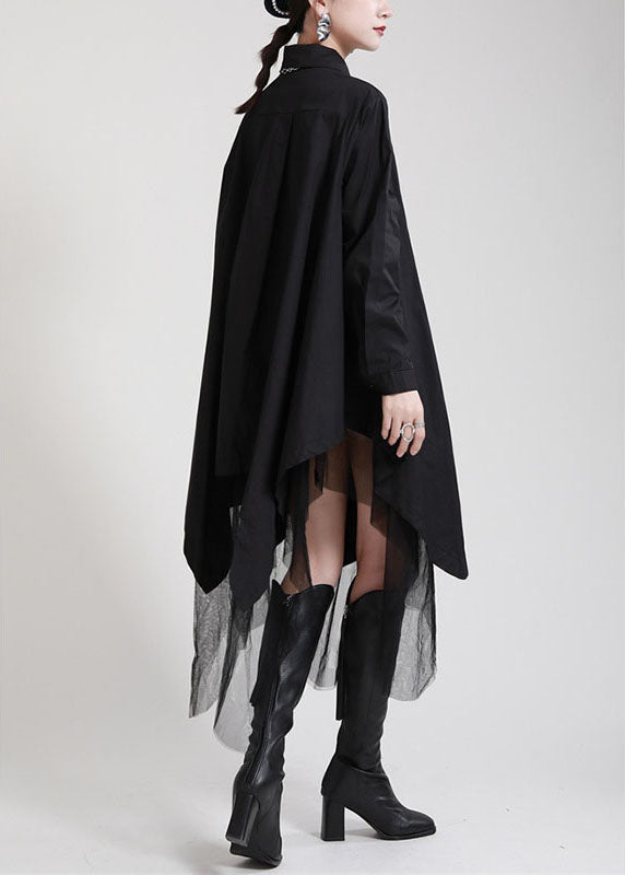Fine Black Peterpan Collar Button Asymmetrical Design Patchwork Tulle Fall Shirt Tops Long Sleeve