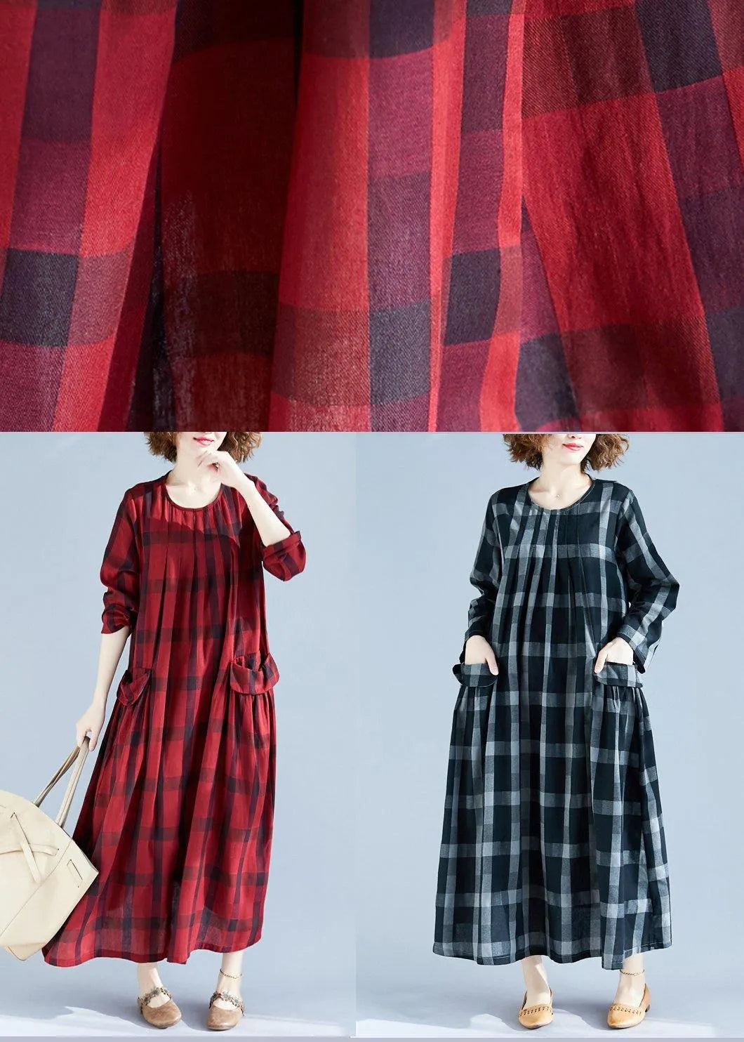 Vivid Red Plaid Tunics for O Neck Pockets Art Spring Dress