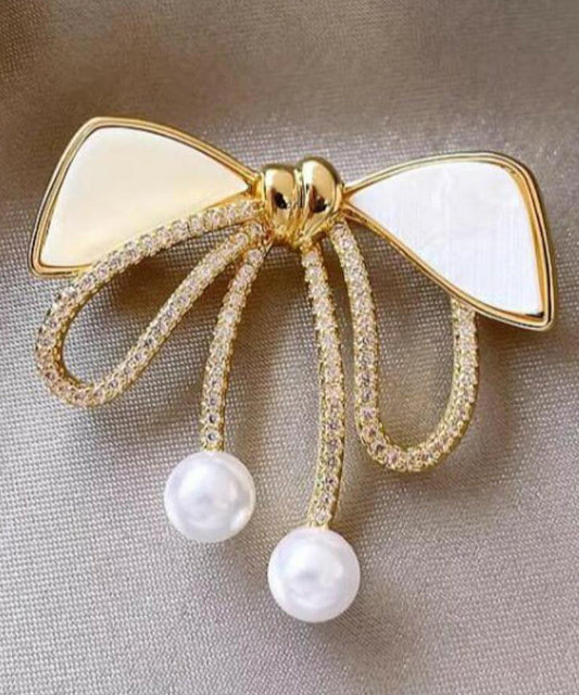 Gold Sterling Silver Alloy Zircon Bow Pearl Brooches