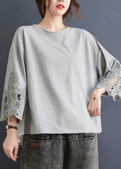 Grey Ruffled Lace Patchwork Cotton Tops Spring