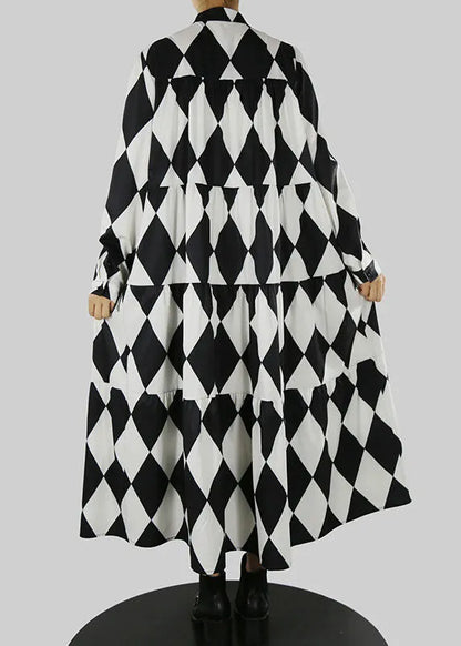 Loose Black Stand Collar Tassel Print Shirt Dress Spring