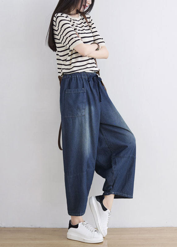 Blue Elastic Waist Patchwork Cotton Denim Pants Spring