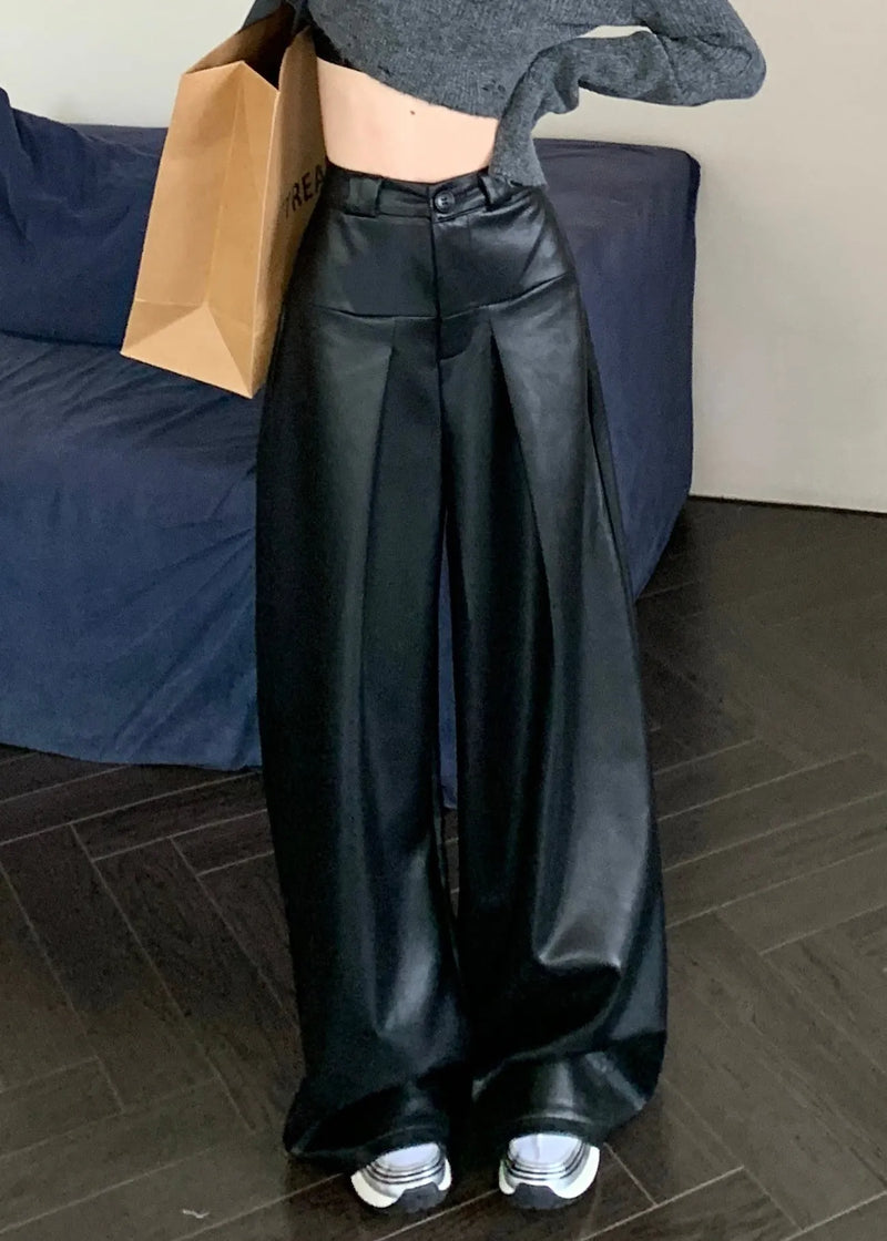 Black Faux Leather Wide Leg Pants High Waist