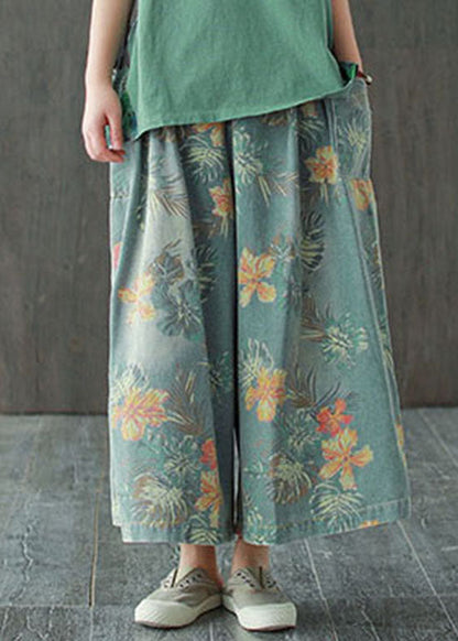 Light Blue Elastic Waist Pockets Print Cotton Wide Leg Pants Spring