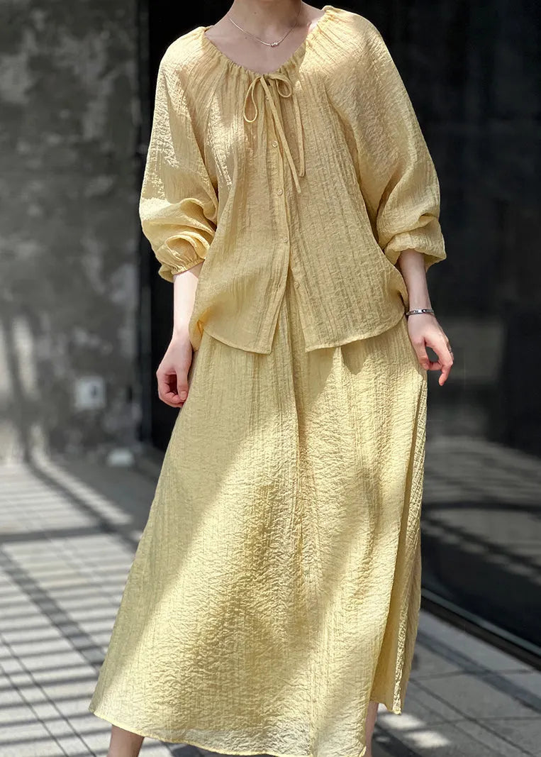 French Yellow Lace Up Tops and Skirts Cotton Two Pieces Set Spring