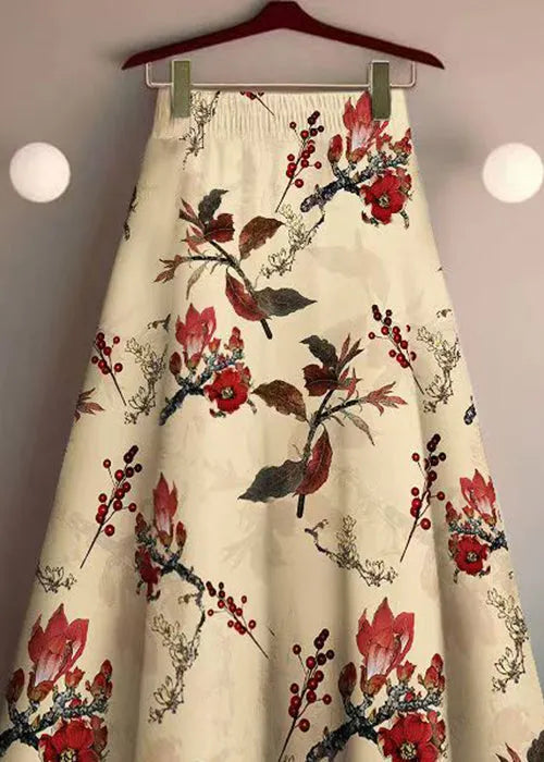 Khaki Print Elastic Waist Cotton Skirt Summer