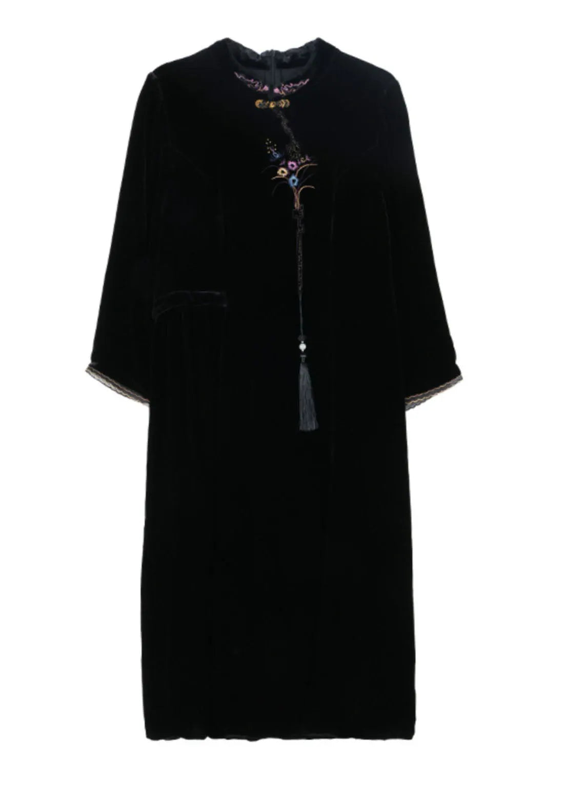 Classy Black Stand Collar Embroideried Silk Velour Maxi Dress Fall