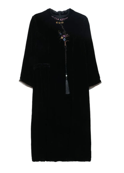 Classy Black Stand Collar Embroideried Silk Velour Maxi Dress Fall