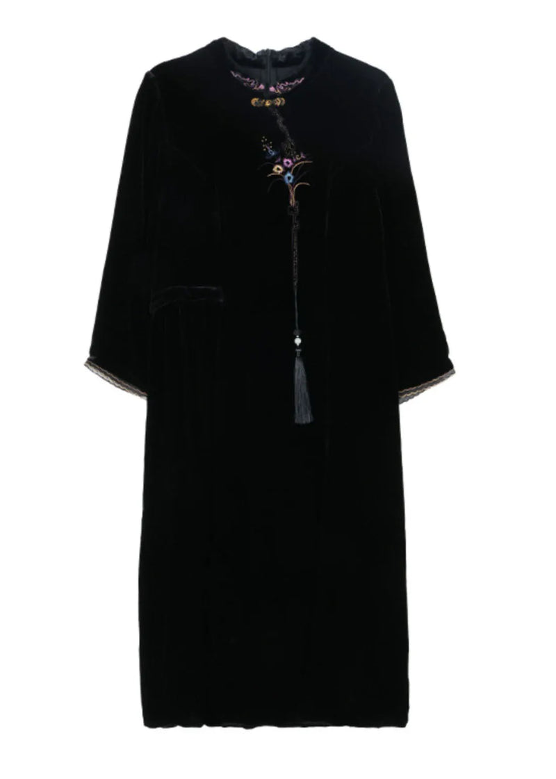Classy Black Stand Collar Embroideried Silk Velour Maxi Dress Fall