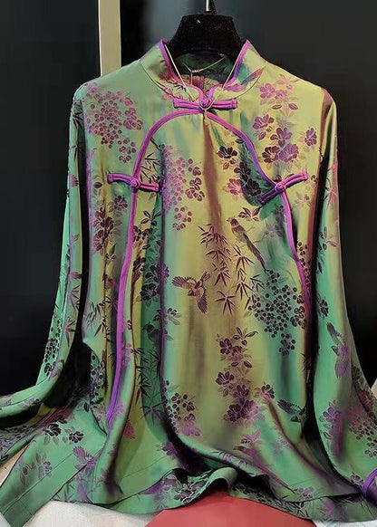 Green Stand Collar Patchwork Jacquard Side Open Silk Shirts Long Sleeved