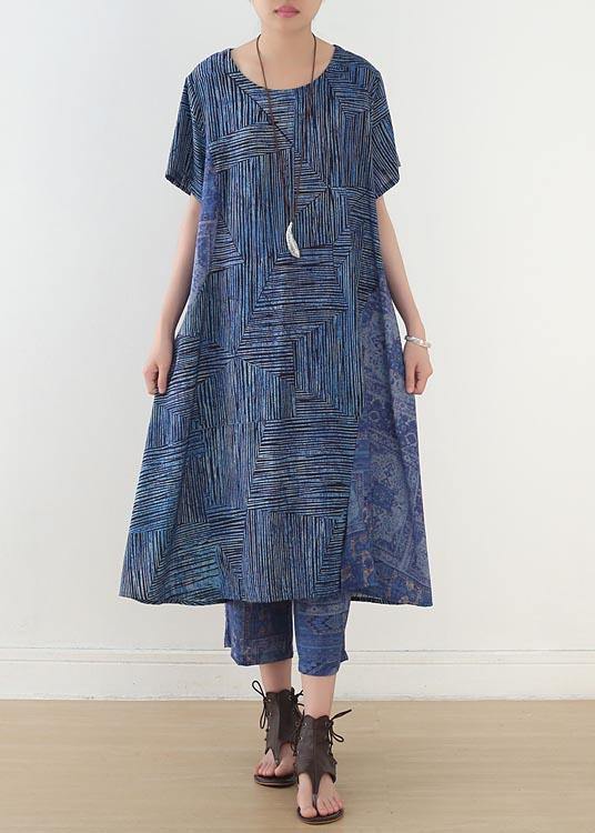 Blue Print Linen Dress Short Sleeve Summer Two Piece Set Clothing