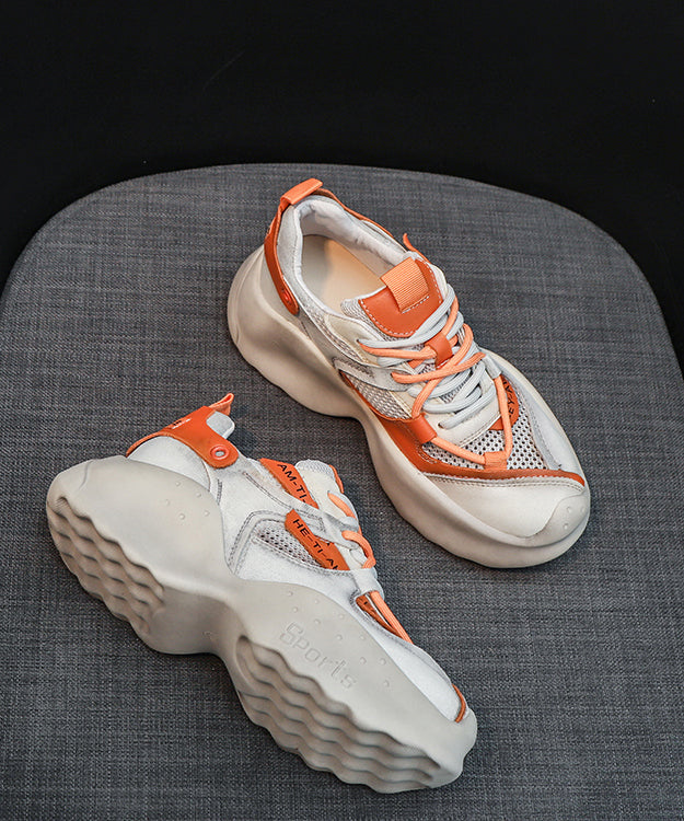Handmade Orange Cowhide Leather Lace Up High Wedge Heels Shoes