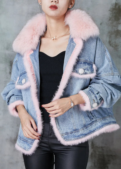 Blue Raccoon Hair Collar Patchwork Fine Cotton Filled Denim Jackets Winter