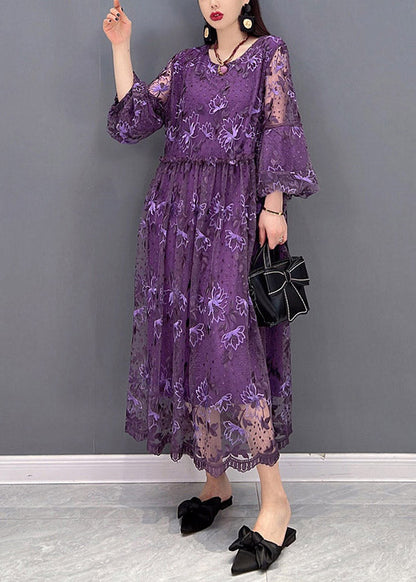 Purple O-neck Ruffled Print Lace Long Dress Lantern Sleeve