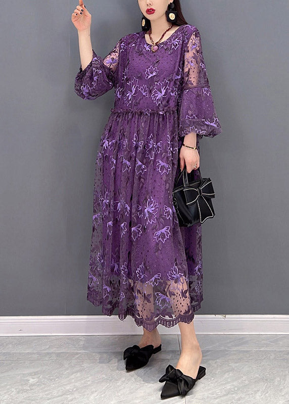 Purple O-neck Ruffled Print Lace Long Dress Lantern Sleeve