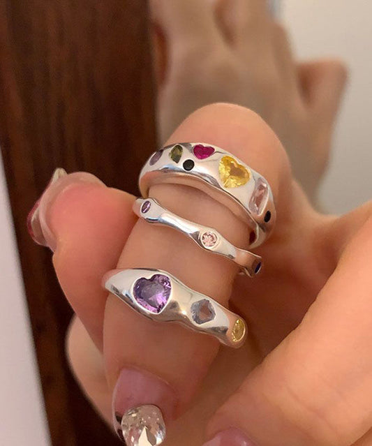 Boutique Rainbow Stainless Steel Asymmetrical Zircon Love Rings Three Piece Set