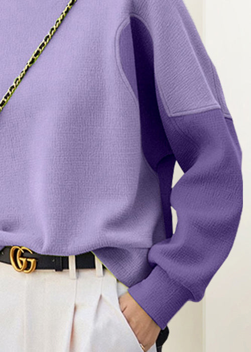 Purple O Neck Patchwork Cotton Sweatshirt Fall