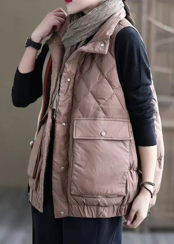 Pink Button Pockets Patchwork Duck Down Waistcoat Sleeveless