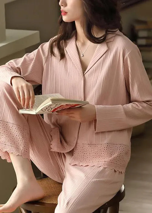 Pink Peter Pan Collar Hollow Out Cotton Pajamas Two Pieces Set Fall