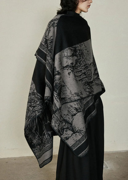 Organic Black V Neck Print Cotton Knit Shawl Coats Fal