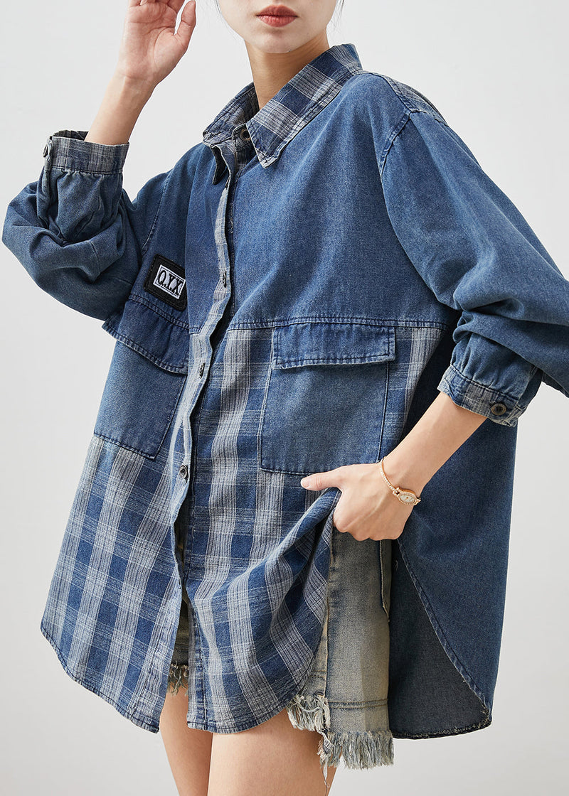 Diy Blue Oversized Patchwork Plaid Denim Coats Spring