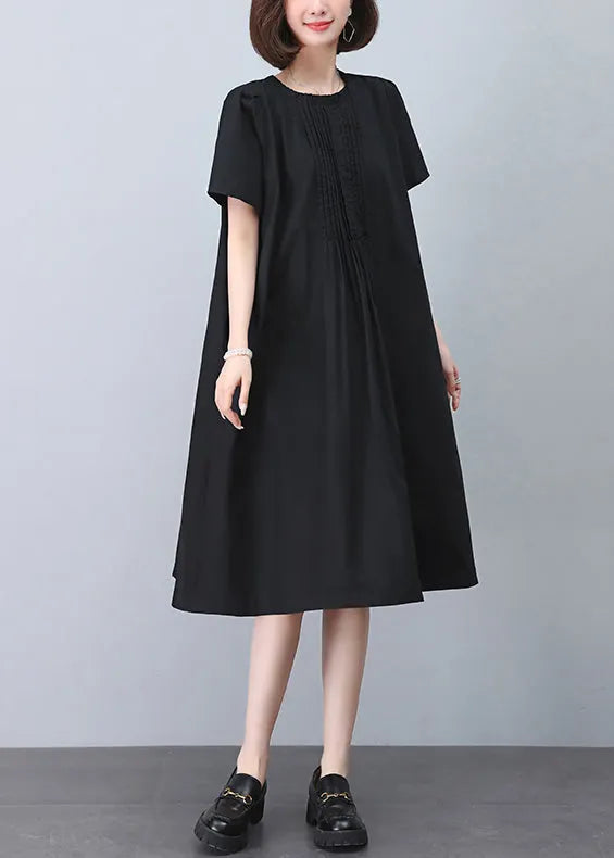 Black Wrinkled Cotton Dresses O Neck Short Sleeve