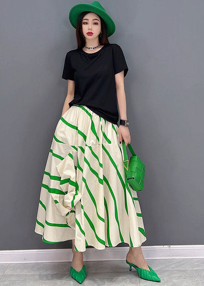 Green Striped Elastic Waist Asymmetrical Cotton Loose Skirts Summer
