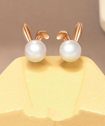 Rose Gold Rabbit Metal Pearl Stud Earrings