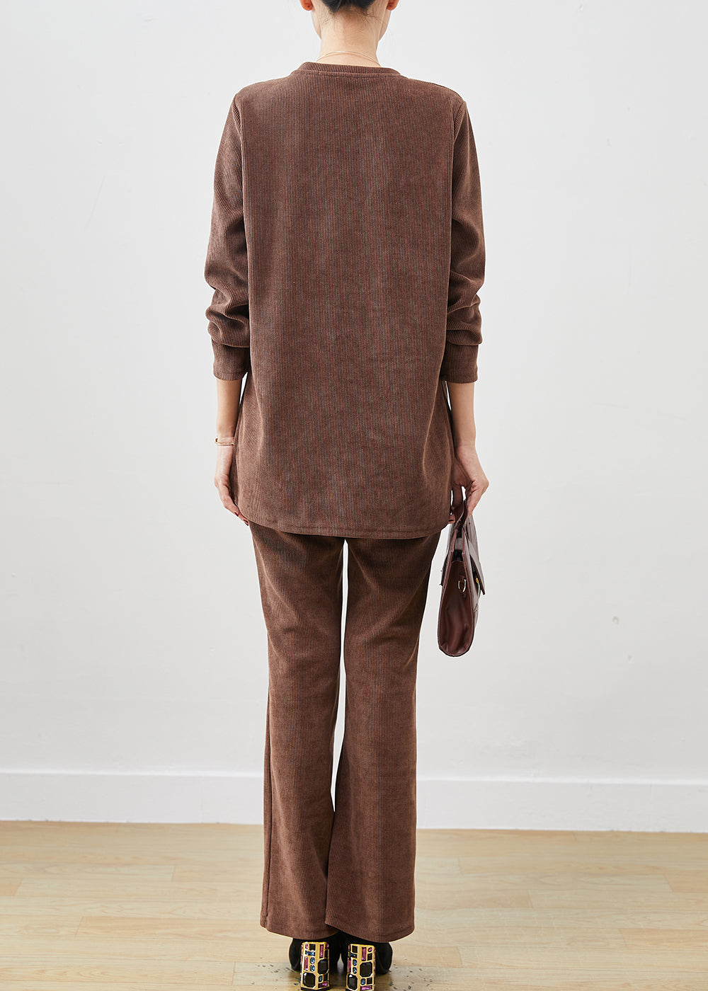 Brown Side Open Corduroy Two Piece Set Spring